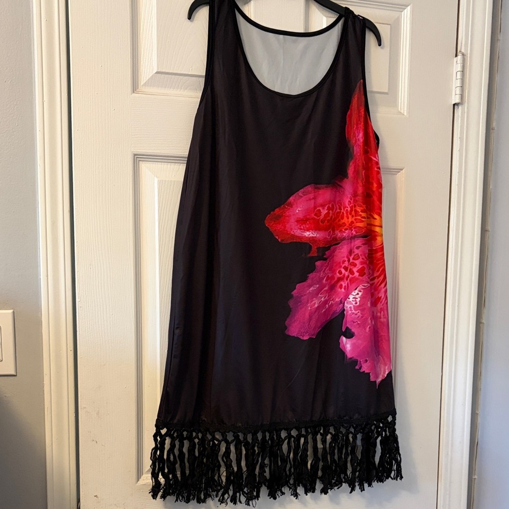 SHEIN Black Swim Coverup with Pink & Red Floral Accent